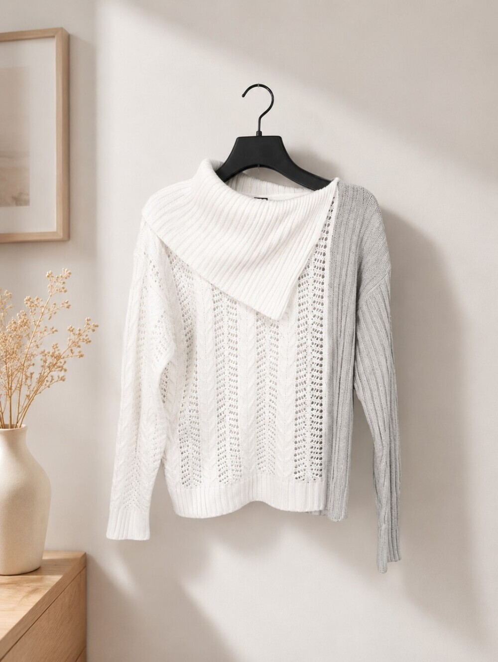 Lumière Colorblock Knit Sweater Size Small White & Gray Asymmetrical Cowl Neck